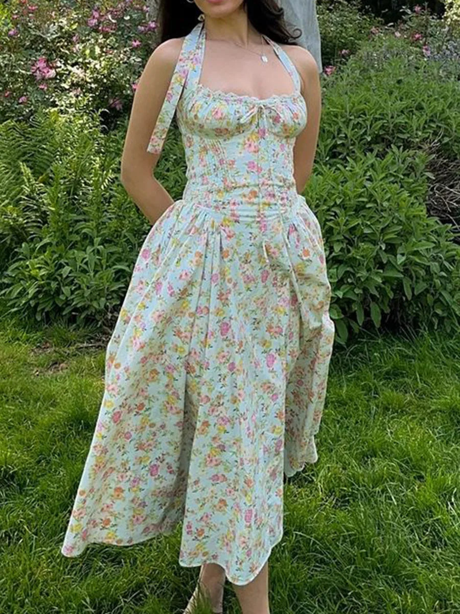 Vintage Floral Halter Midi Sundress Women's High Waist Pink Blue Black Red Dresses Summer Dresses Female Birthday Robe 2025 New