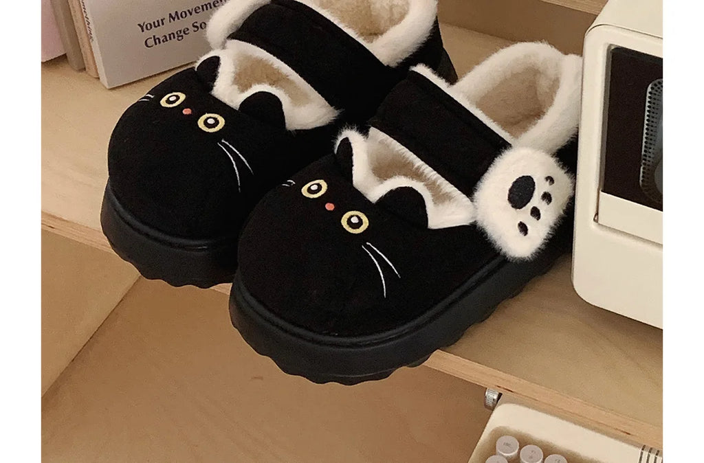 New fuzzy black cat shoes hook loop winter slippers for women indoor mary jane plush shoes mom shallow warm kitty slippers woman