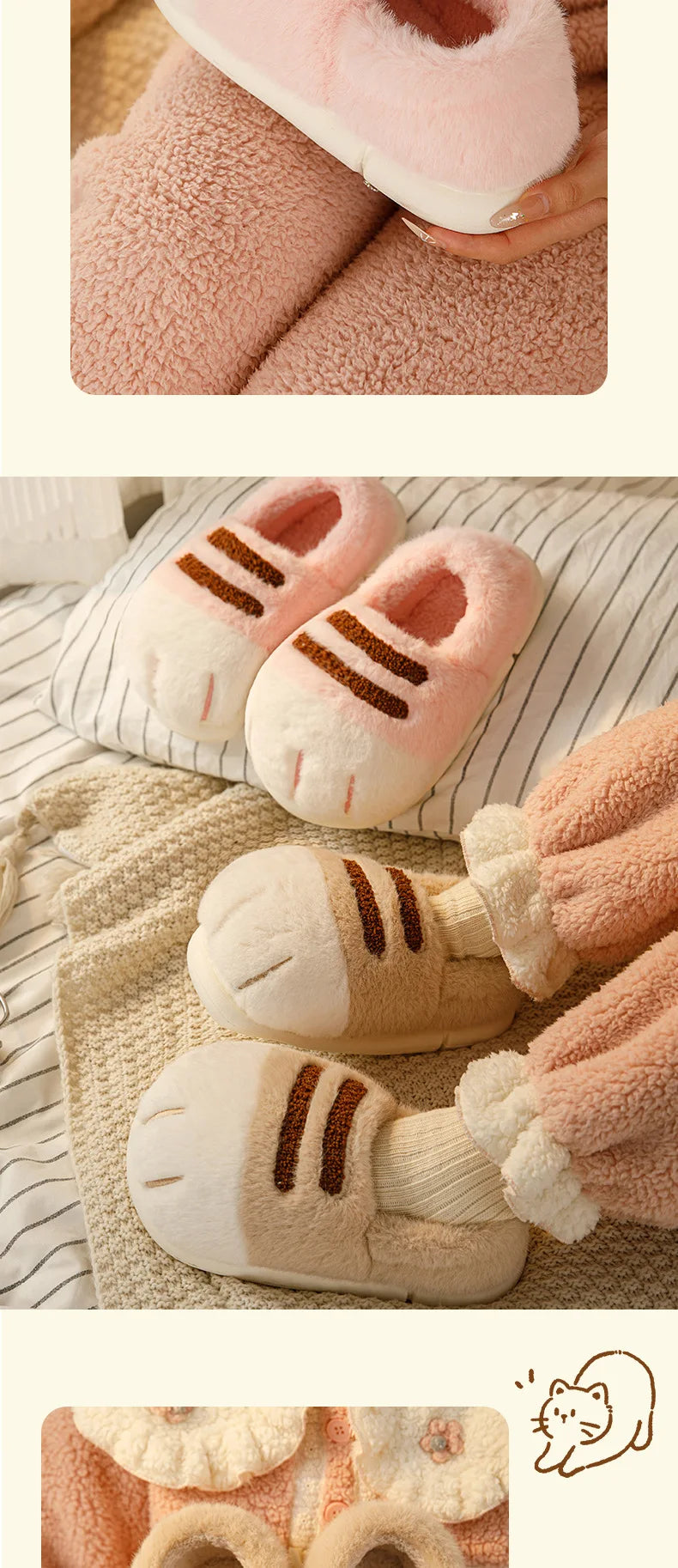 Newest cat paw feet slippers woman fluffy closed heel home shoes for women winter warm slip on animal claw slipper furry loafer