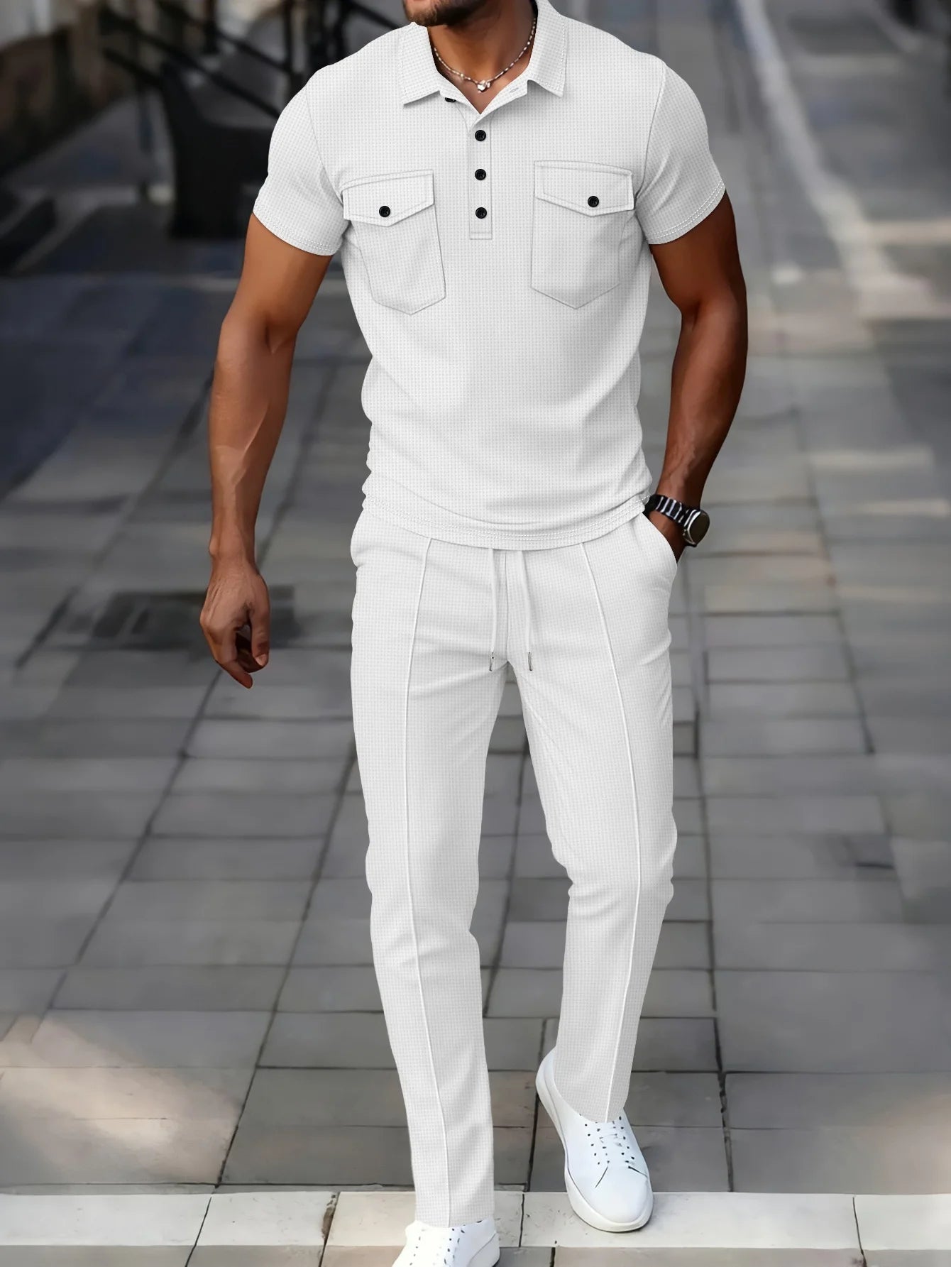 Summer New Men's Waffle Casual Tracksuit, Lapel Collar Double Pocket Solid Polo Shirt and Long Pants Set