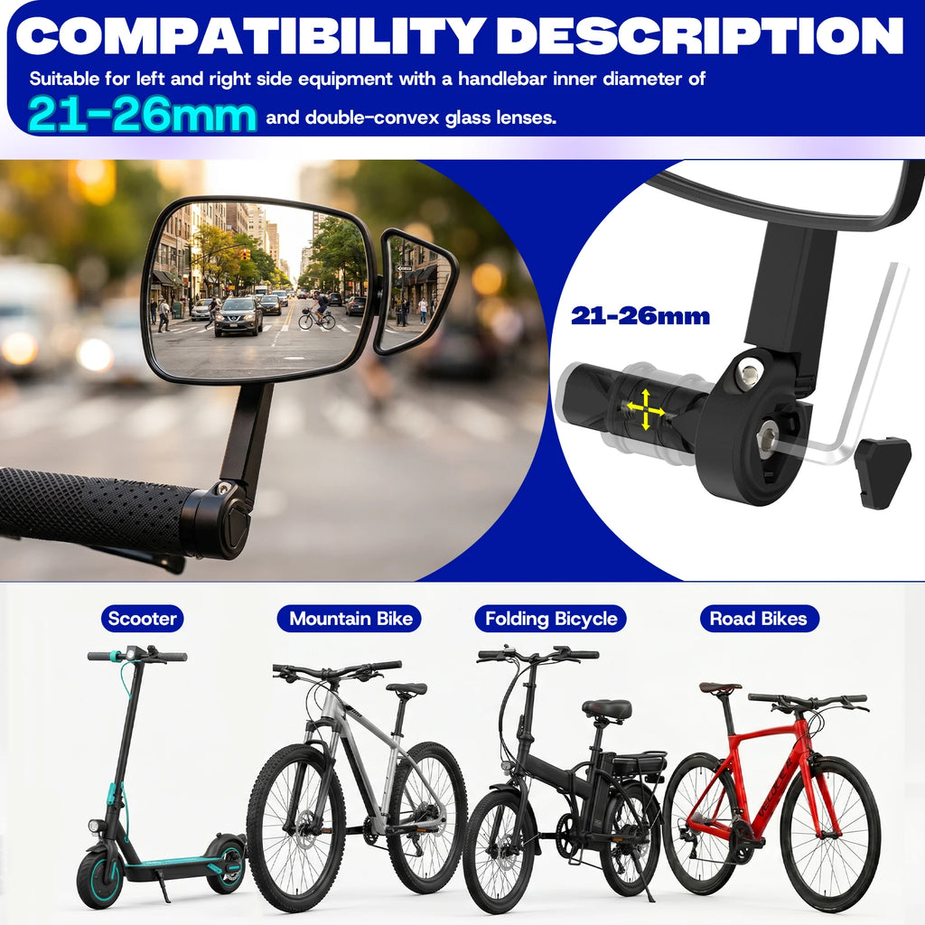 BUCKLOS Bike Rear View Mirror 360° Adjustable Wide Angle Anti-Glare Handlebar Plug Rearview Mirror E-Bike Small Auxiliary Mirror