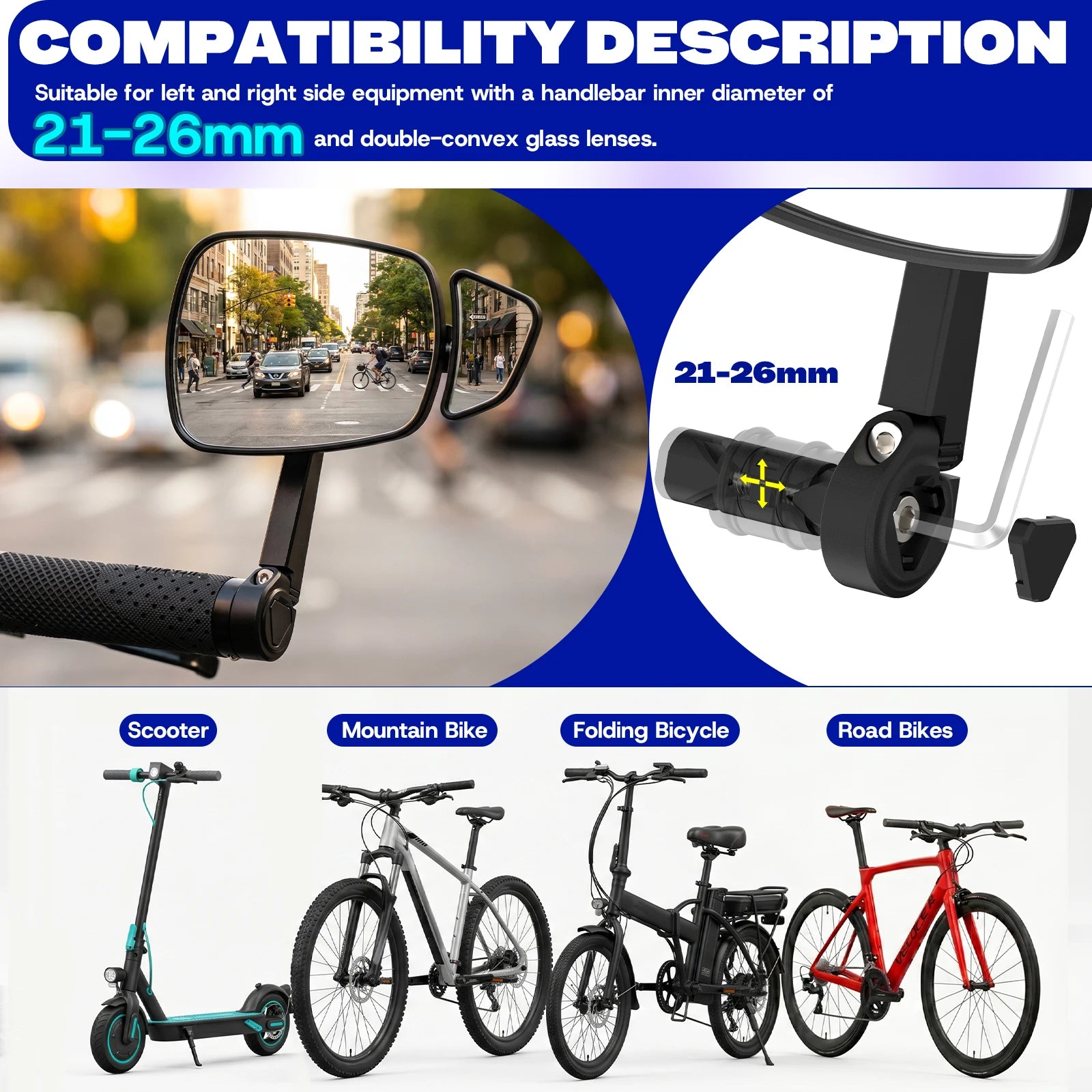 BUCKLOS Bike Rear View Mirror 360° Adjustable Wide Angle Anti-Glare Handlebar Plug Rearview Mirror E-Bike Small Auxiliary Mirror