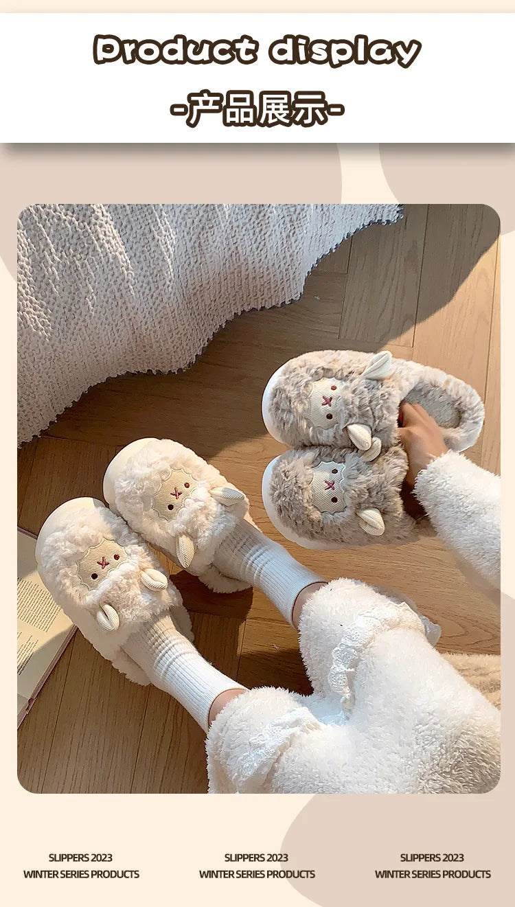 Home Fuzzy Slipper Women Sheep Fluffy Winter Warm Fur Plush Indoor Lazy Female Thermal Furry House Shoe Flat Flip Flop Ladies
