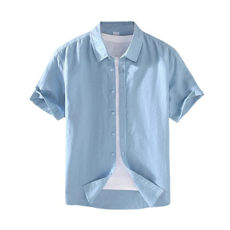 Men's Cotton Linen Short-Sleeved Shirt Summer Streetwear Plain Color Stand Collar Casual Beach Style plus Size M-3XL