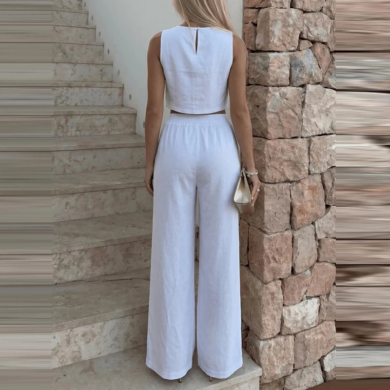Elegant Lady Simple Commute Outfits Casual O-neck Solid Crop Tops&Split Pants Sets Summer High Waist Pocket Pants Two Piece Sets