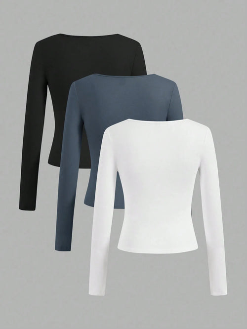 3 pieces Women's Long Sleeved U-neck T-Shirt Tops Solid Color soft Street Spicy Girl Casual Autumn Tight Fitting