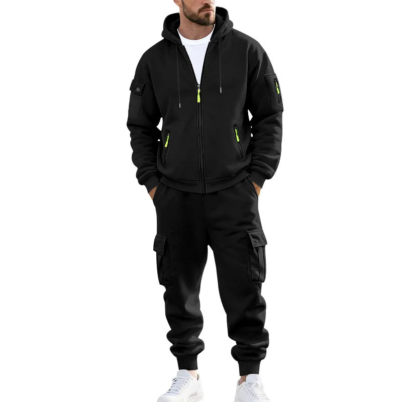 Men's Full Zip Hooded Tracksuit 2 Piece Set Casual Cargo Pocket Jogger Suit Outdoor Sports Hoodie And Pants Set