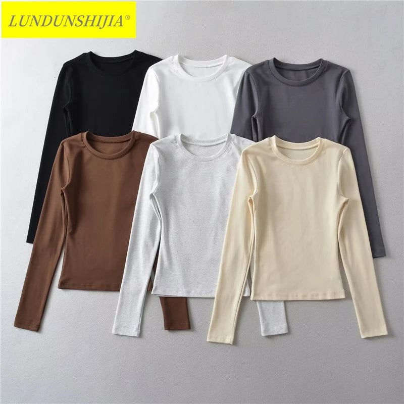 LUNDUNSHIJIA O-neck Long Sleeve T-shirts For Women 2025 New Spring Ladies Solid Cotton Slim Tee Shirts 10 Colors
