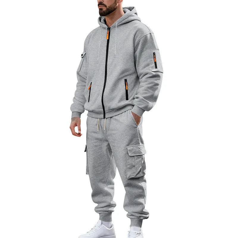Men's Full Zip Hooded Tracksuit 2 Piece Set Casual Cargo Pocket Jogger Suit Outdoor Sports Hoodie And Pants Set