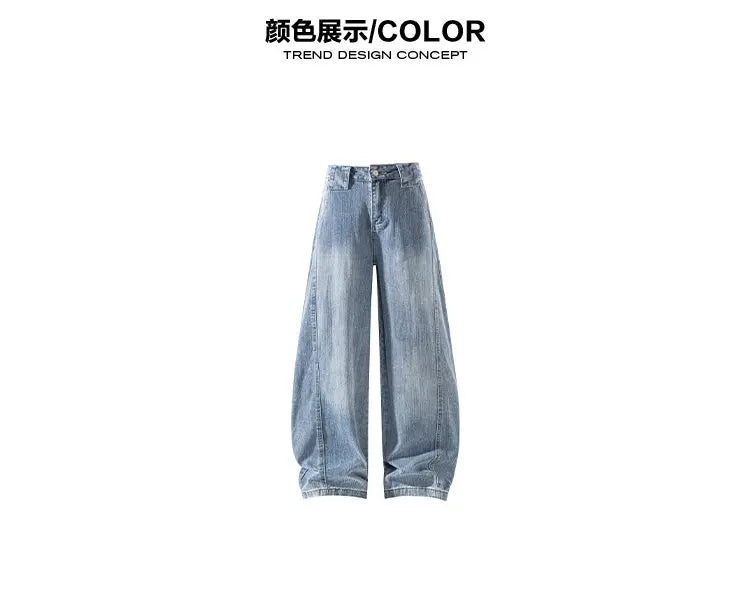 Retro Distressed Wide Leg Curved Jeans Men Y2K Hip Hop Baggy Denim Pants Streetwear Casual Trousers