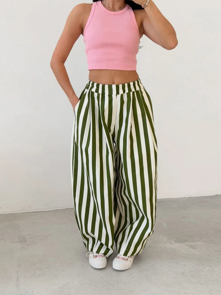 Red White Striped Balloon Pants Women's Elastic Waist Wide Leg Baggy Casual Trouser 2026 Summer New Streetwear Loose Fit Pants