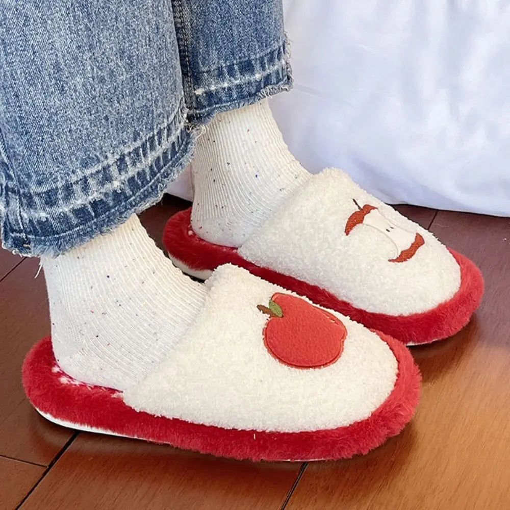 Fashion Grid Stripe Cute Plush Slippers Non-Slip Thick Sole Winter Slides Women Silent Casual Home Wear Shoes Women