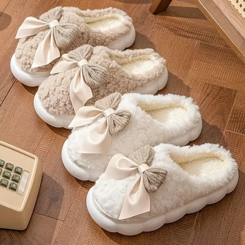 Women'S Bow Designed Fleece-Lined Slippers Soft Sole, Quiet Wear, All-Season Comfort, Ideal for Home Use, Perfect Christmas Gift