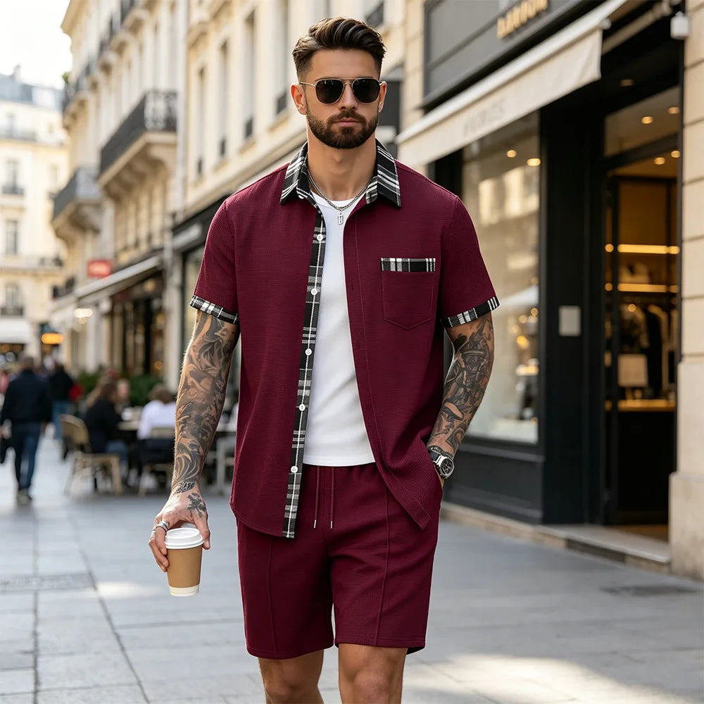 Summer New Waffle Set, Men's Plaid Spliced Short-Sleeve Shirt & Shorts, Casual Two-Piece Outfit F156D