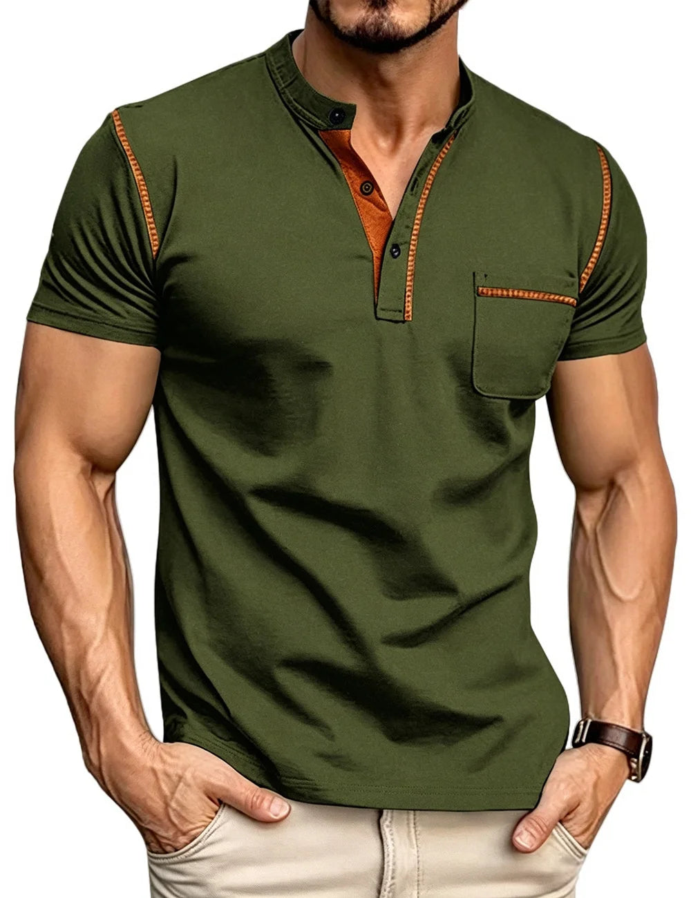 Summer men's fashionable Henry collar half-button short-sleeved moisture-wicking breathable casual American stretch T-shirt top