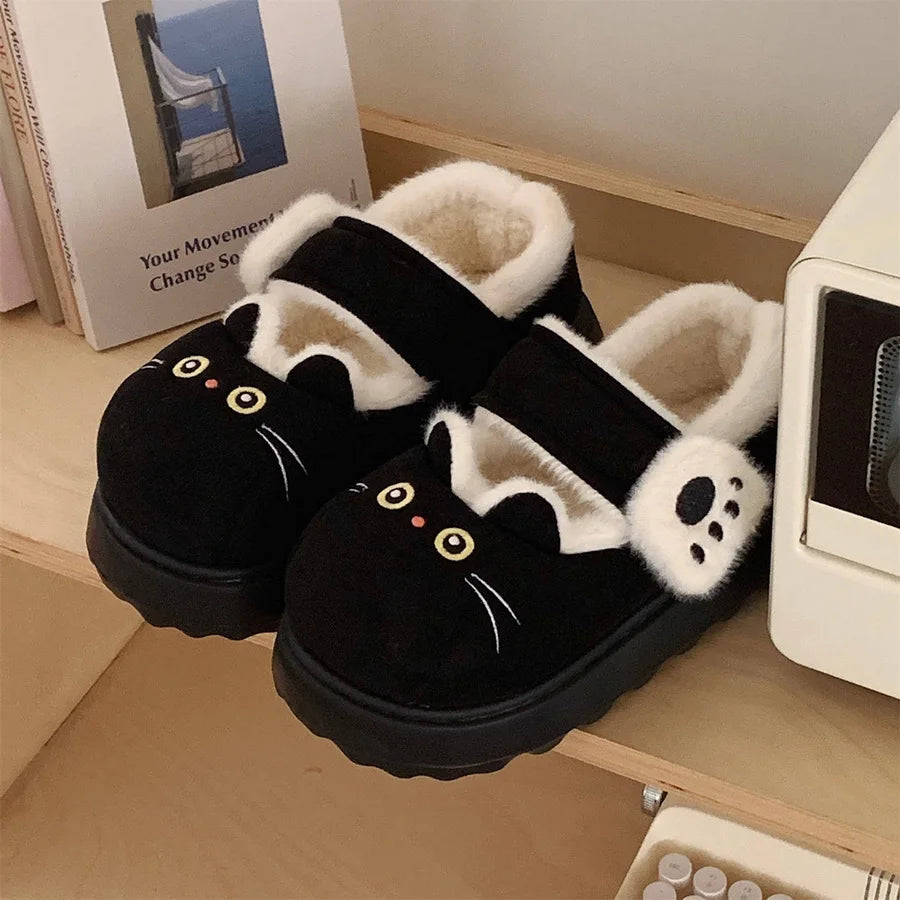 New fuzzy black cat shoes hook loop winter slippers for women indoor mary jane plush shoes mom shallow warm kitty slippers woman