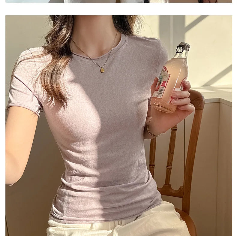 Solid Color Slim Fit Short Sleeve T Shirt for Women Summer New Cotton Blended Basic Tees Woman Thin Breathable Crew Neck T-shirt