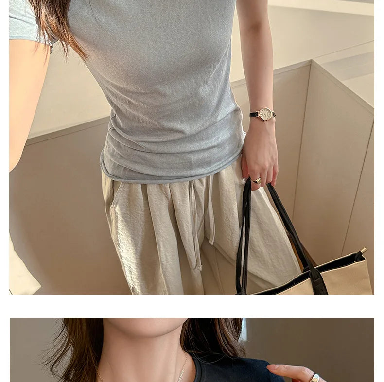 Solid Color Slim Fit Short Sleeve T Shirt for Women Summer New Cotton Blended Basic Tees Woman Thin Breathable Crew Neck T-shirt