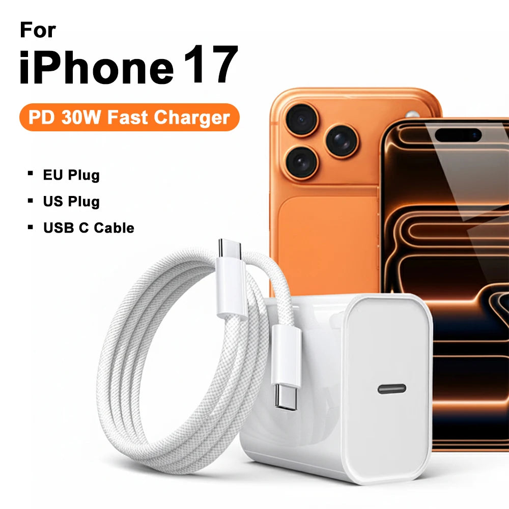 PD 30W Fast Charger Power Adapter For iPhone 17 Pro Max USB Type C To C Fast Charging Cable For iPhone Air 16e 15 Quick Charging