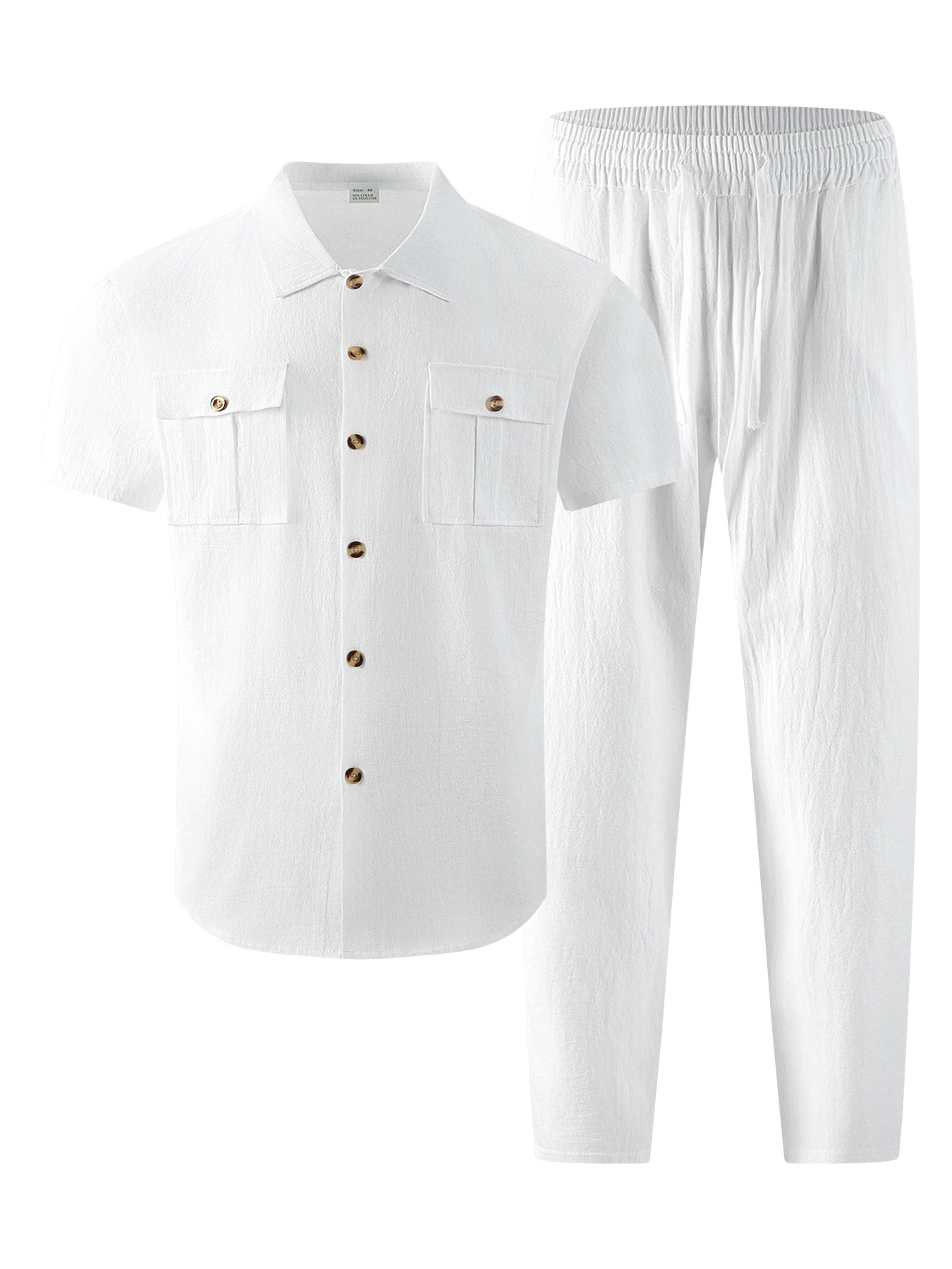 Men's Cotton Linen Short Sleeve Shirt & Pants Set Turn-Down Collar Double Pocket Casual Streetwear