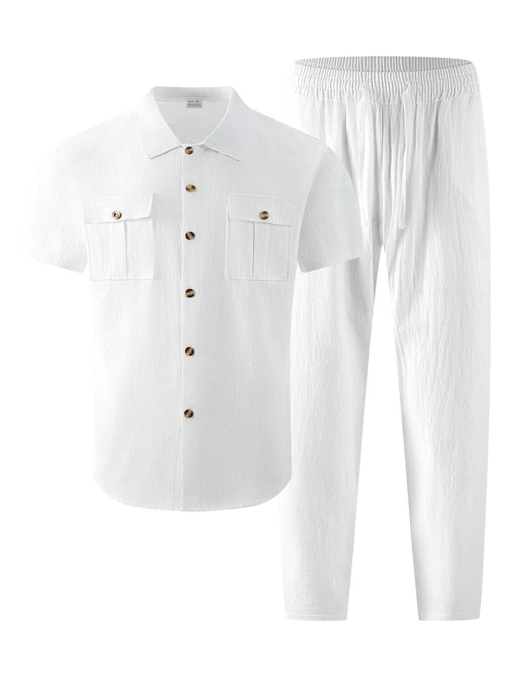 Men's Cotton Linen Short Sleeve Shirt & Pants Set Turn-Down Collar Double Pocket Casual Streetwear