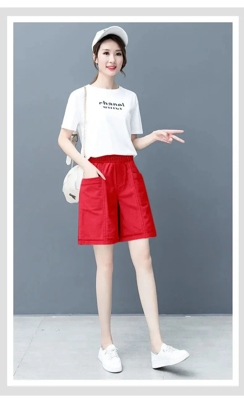 Summer Casual Loose High Waist Slimming Cotton Wide Leg Five-Quarter Length Women's Shorts Versatile Workwear Style Shorts
