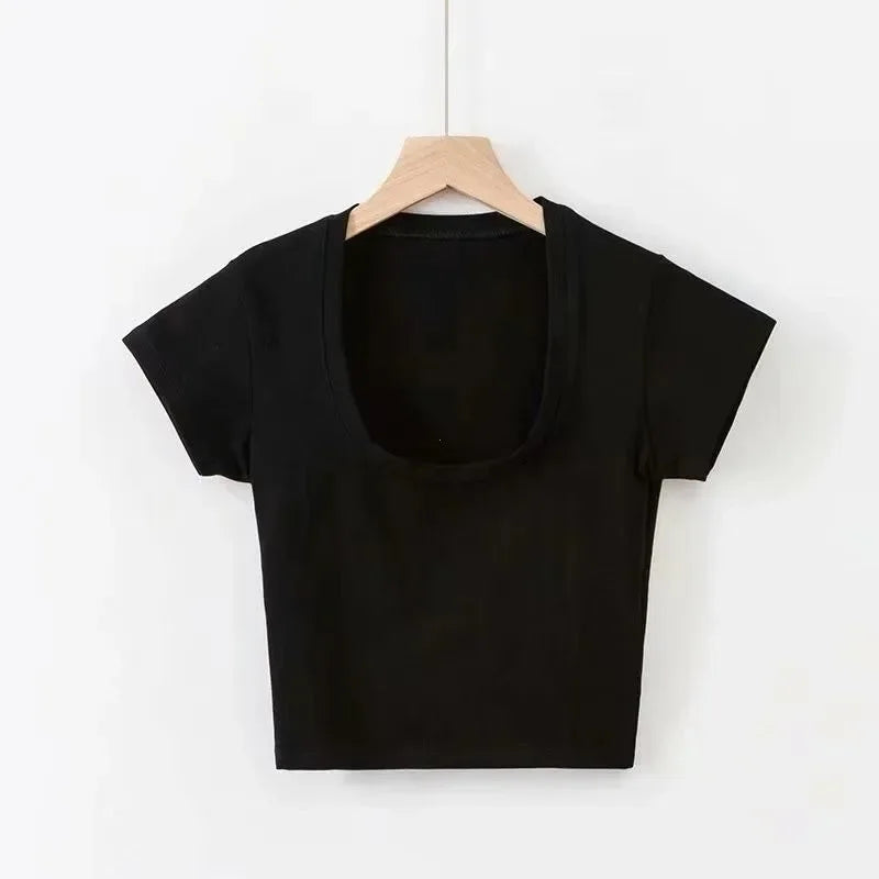 Harajuku Crop Tops Summer Slim Sports Vest Sexy Women Short Sleeve U-Neck Tee Tank Tops Female Solid Black/White Y2k Clothes