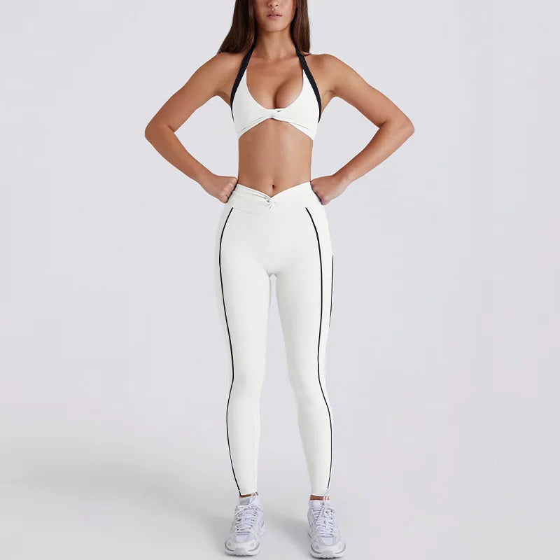 Women Yoga Suit Color Block Twist Yoga Shorts Leggings Tank Top Sports Bra 2Pcs Tracksuit Fitness Running Gym Workout Sportswear