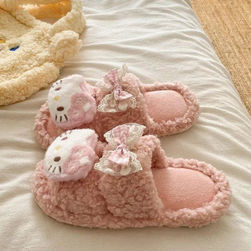 Sanrio Hello Kitty Adult Cotton Slippers Y2K Kawaii Cartoon Winter Indoor Open Toe Anti-Slip Slipper Comfortable Warm Shoes New