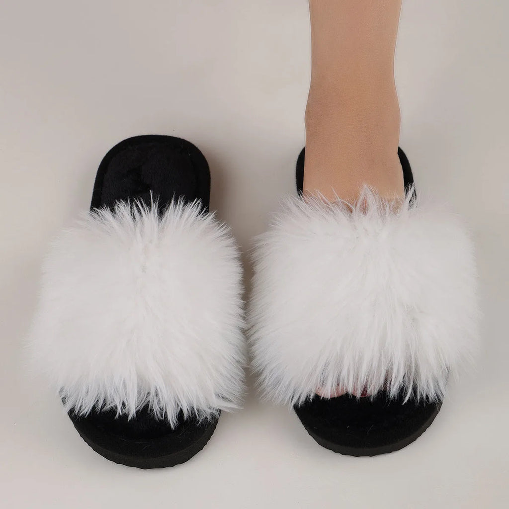 Women's Plush Faux Fur Slippers Winter House Carpet Fluffy Sandals Spring Autumn Outdoor Walking Open Toe Flip Flops