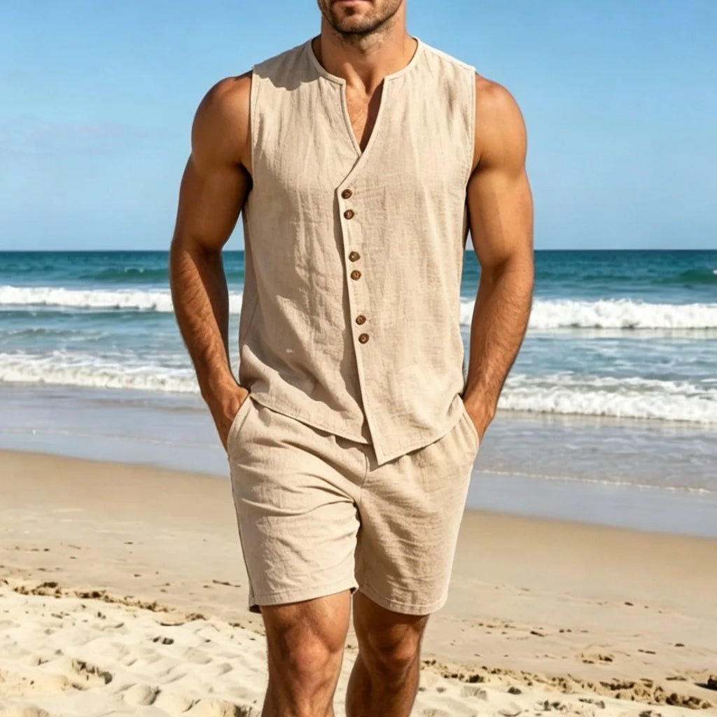 Summer Men's Solid Color Simple Fashionable Open-Back Sweater Set for Casual Wear - Sleeveless Linen Blouse, Shorts, Beach Set