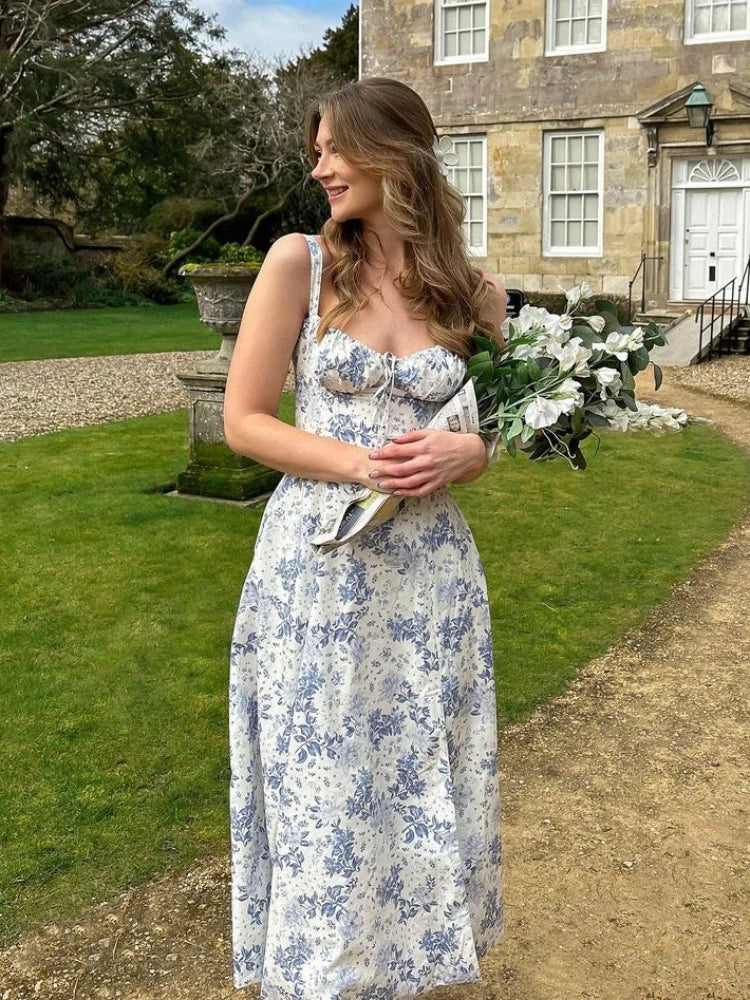 Vintage Floral Print Corset Sundress Midi Milkmaid Dresses Women's Sexy A-line Bandage Sun Dress 2025 Summer Yellow White Blue