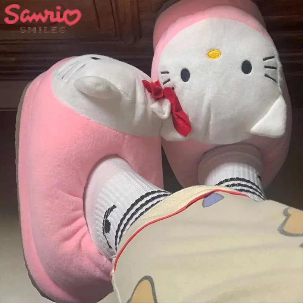 Y2K Hello Kitty Women Plush Cotton Shoes Big Head Slippers Sanrio Kawaii Anime Flat Shoes Winter Warm Thickened Cute Student