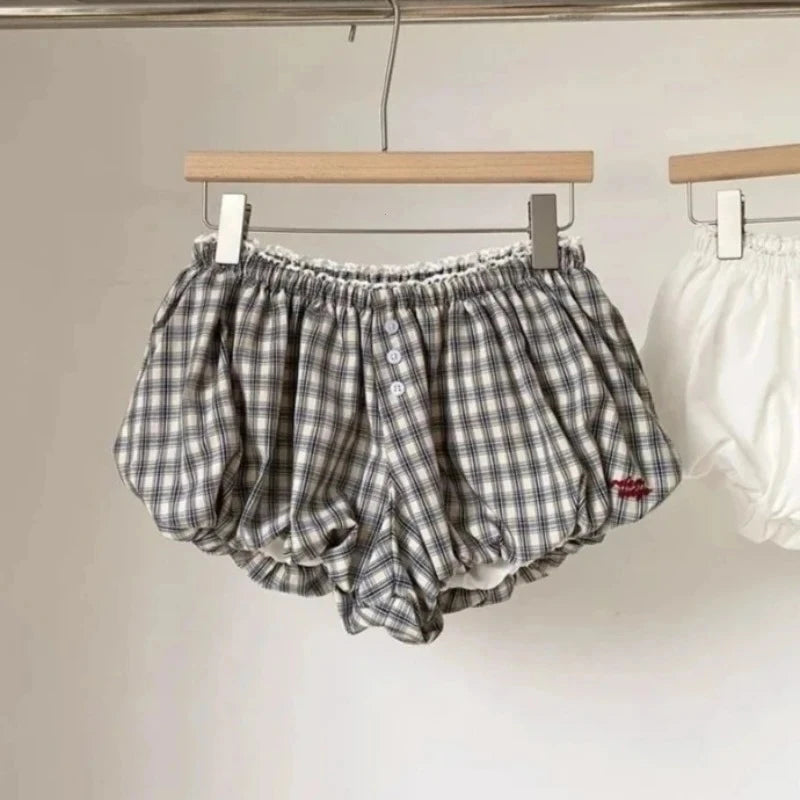 Women's Plaid Bubble Shorts Elastic Waist Bloomer Shorts Casual Short Pants Summer Streetwear шорты женские