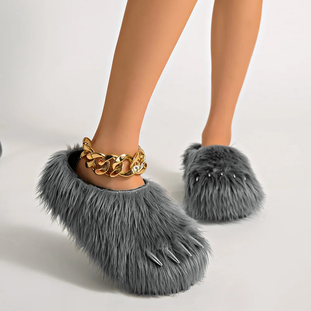 Ins Claw Slippers Adults Winter Flip Flops Warm Fur Slides Fluffy Fuzzy House Shoes Unisex Animal Claw Slippers