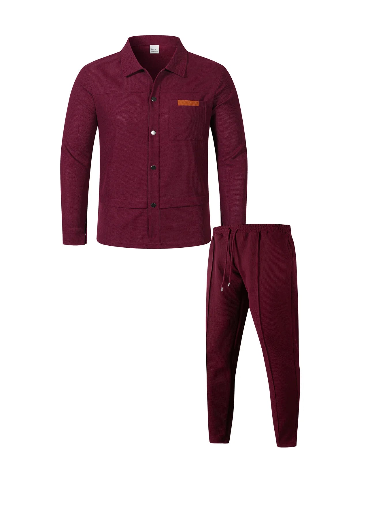 2026 New Men's Casual 2 Piece Tracksuit Fall Waffle Knit Solid Color Lapel Collar Button Jacket with Pockets Long Pants Set