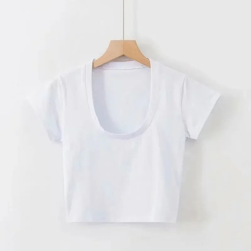 Harajuku Crop Tops Summer Slim Sports Vest Sexy Women Short Sleeve U-Neck Tee Tank Tops Female Solid Black/White Y2k Clothes