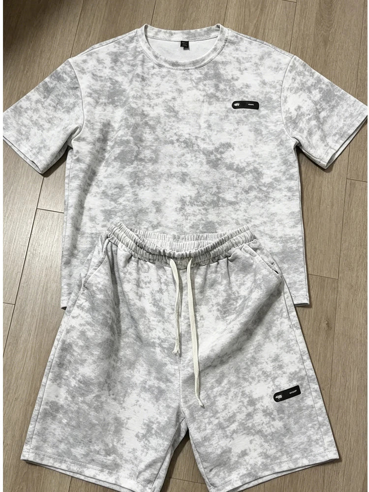 7XL 8XL Tie Dye T Shirt and Shorts Set Men White Casual Streetwear Co Ord Set Men Summer Loose Sportswear 2 Piece Outfit Men