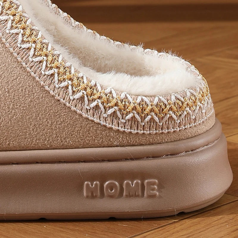 Comfort Thick Bottom Cotton Slippers Women 2025 Winter Warm Thick Plush Non Slip Furry Clogs Shoes Embroidery Suede Snow Boots