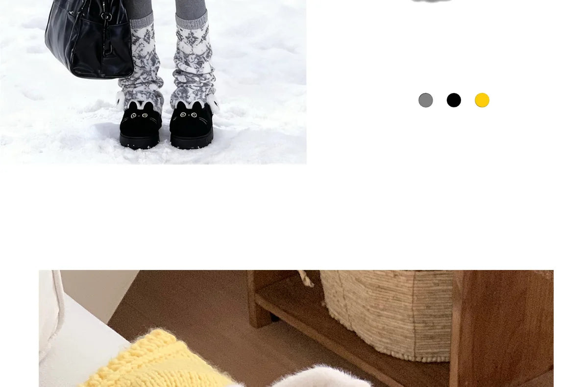 New fuzzy black cat shoes hook loop winter slippers for women indoor mary jane plush shoes mom shallow warm kitty slippers woman