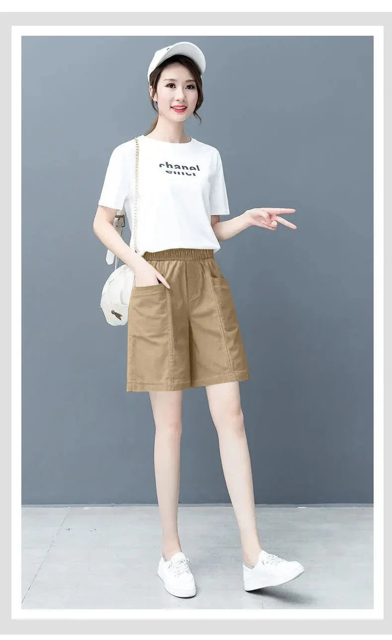Summer Casual Loose High Waist Slimming Cotton Wide Leg Five-Quarter Length Women's Shorts Versatile Workwear Style Shorts