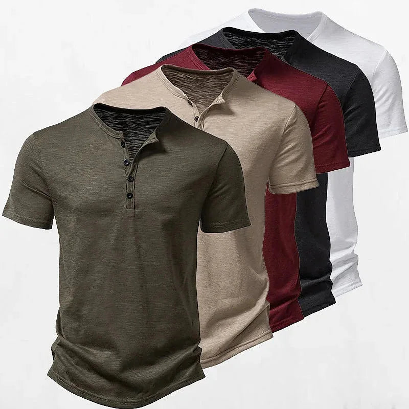 Summer men's Henry collar casual solid-color short-sleeved T-shirt, casual and breathable button-down high-quality men's T-shirt