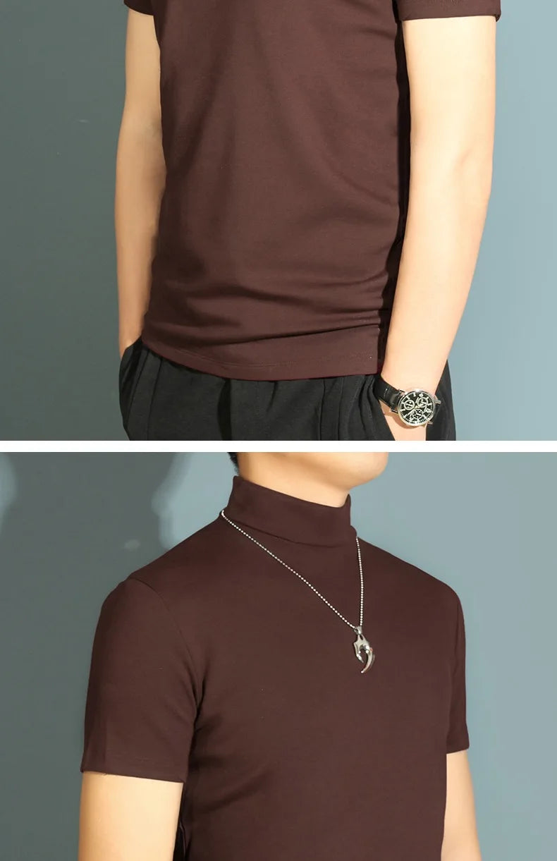 1pcs Thin New Men Half High Collar T shirts Short-sleeve Tee Fitness Joggers Bodybuilding Quick Dry tshirt Male Gym Clothes Tops