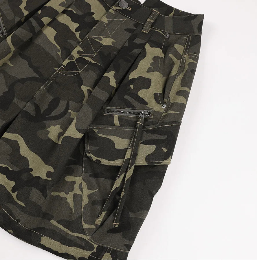 Women's Techwear Camo Cargo Shorts Streetwear High Waist Loose Multi-Pocket Zipper Drawstring Casual Harajuku Summer Bottoms