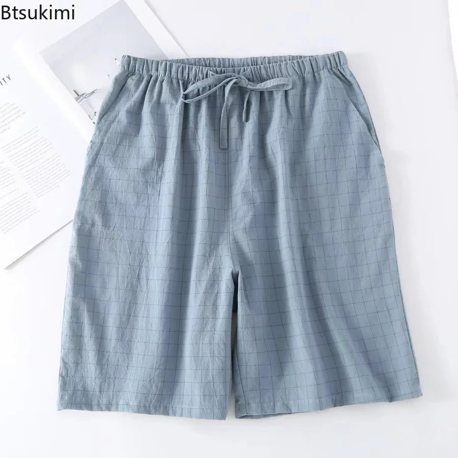 New 2026 Men's Sleepwear Pajama Shorts Plaid Design 100% Cotton Casual Loose Double-layer Homewear Sleep Bottoms Male Home Pants