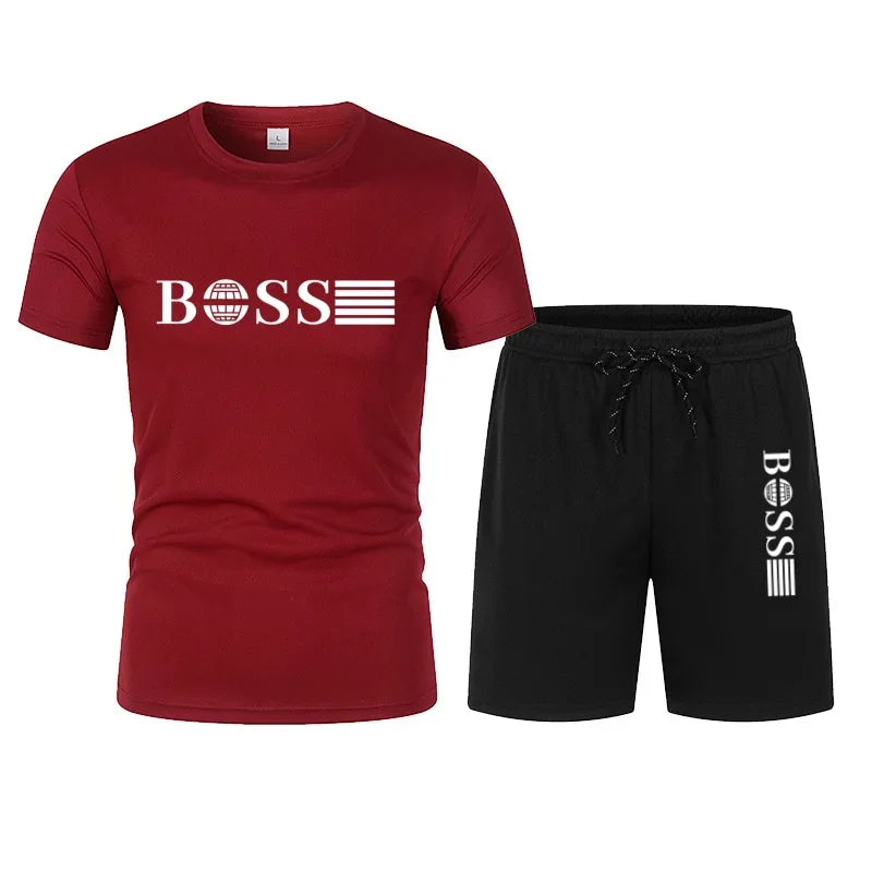 Spring and Summer New Two-piece Men's Running T-shirt and Short Casual Elastic Round Neck Sports Suit Comfortable Quick Drying
