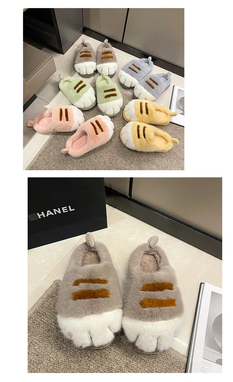 Newest cat paw feet slippers woman fluffy closed heel home shoes for women winter warm slip on animal claw slipper furry loafer