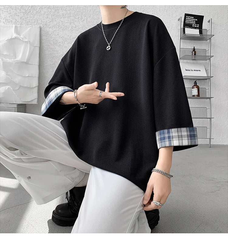 men t shirts Summer Men's T-shirts Women Oversized 2XL Korean Style Loose Plaid T-shirt Casual Seven sleeves T-Shirt Male White