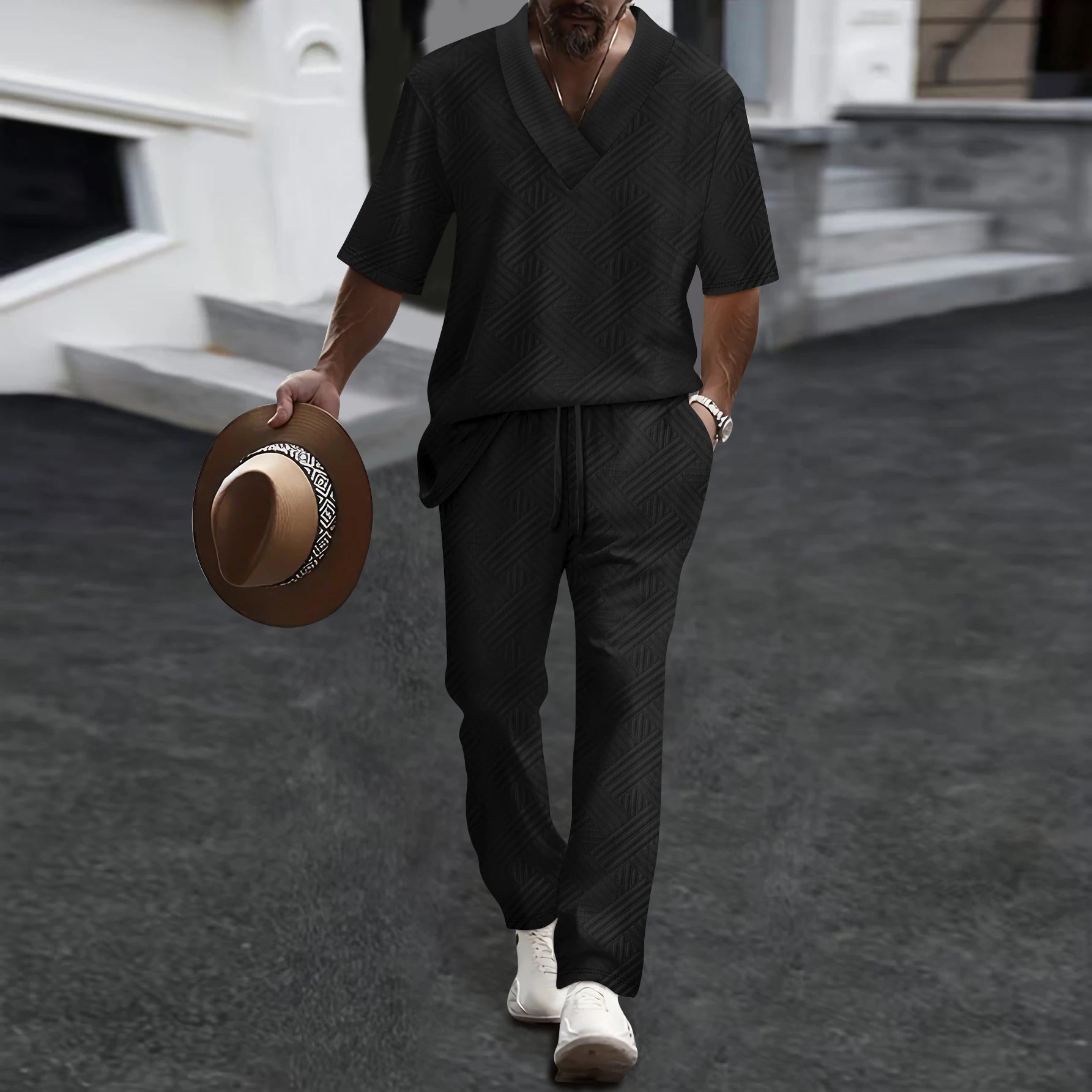 2026 Men's Spring Autumn Geometric Textured 2 Piece Set V-Neck Short Sleeve Top & Drawstring Pants Tracksuit