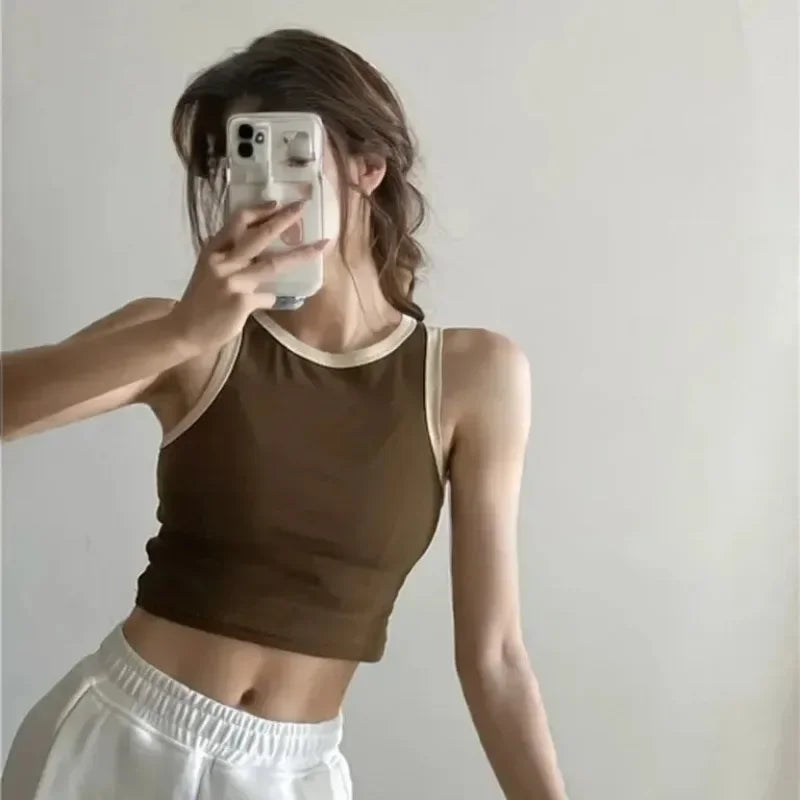 Spring Summer Color Block Sleeveless Vest Outerwear Pure Color Strap Innerwear Sports Top Base Shirt Beautiful Wrap Chest Women